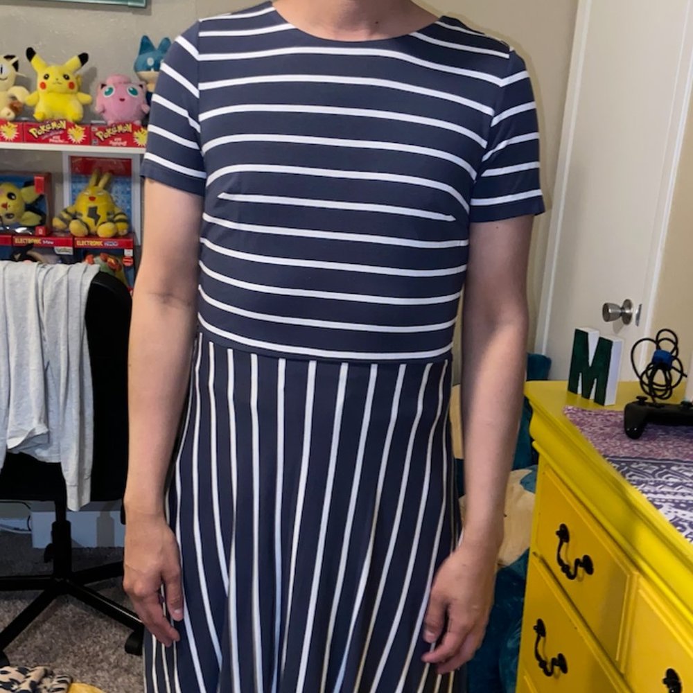 Muted Blue and White Dress with Keyhole Open Back